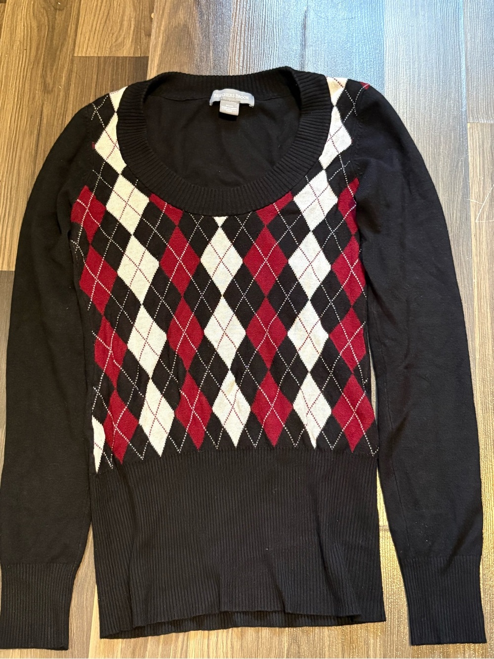 Beechers Brook Black Red & White Argyle Print Long Sleeve Sweater Size M